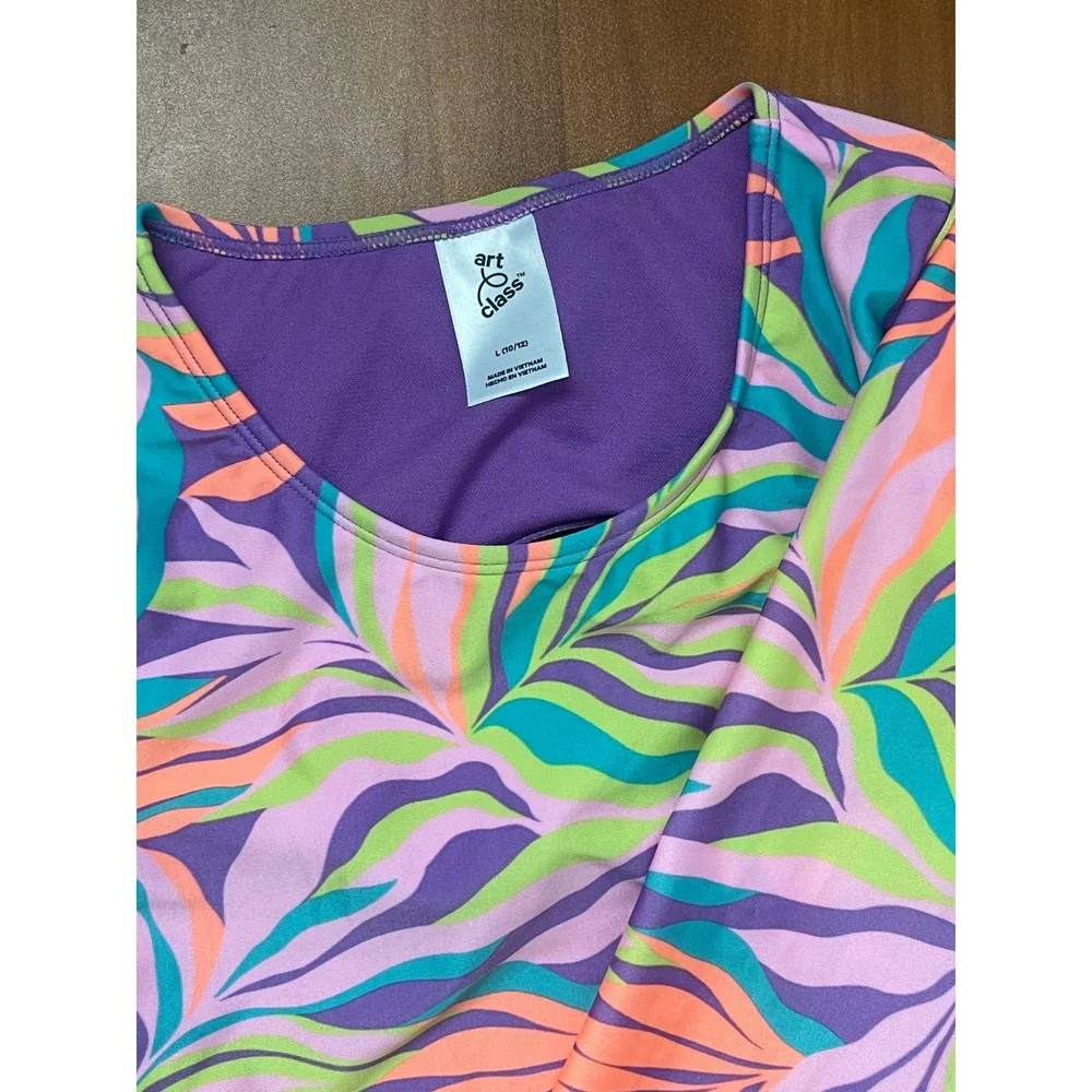 Art Class Girls Long Sleeve Rash Guard Swim Top Tropical Leaf Print Purple Large